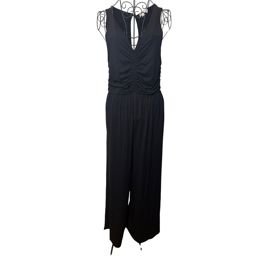 Evereve Black Ruched V-Neck Wide Leg Jumpsuit Sleeveless Keyhole Back Size M